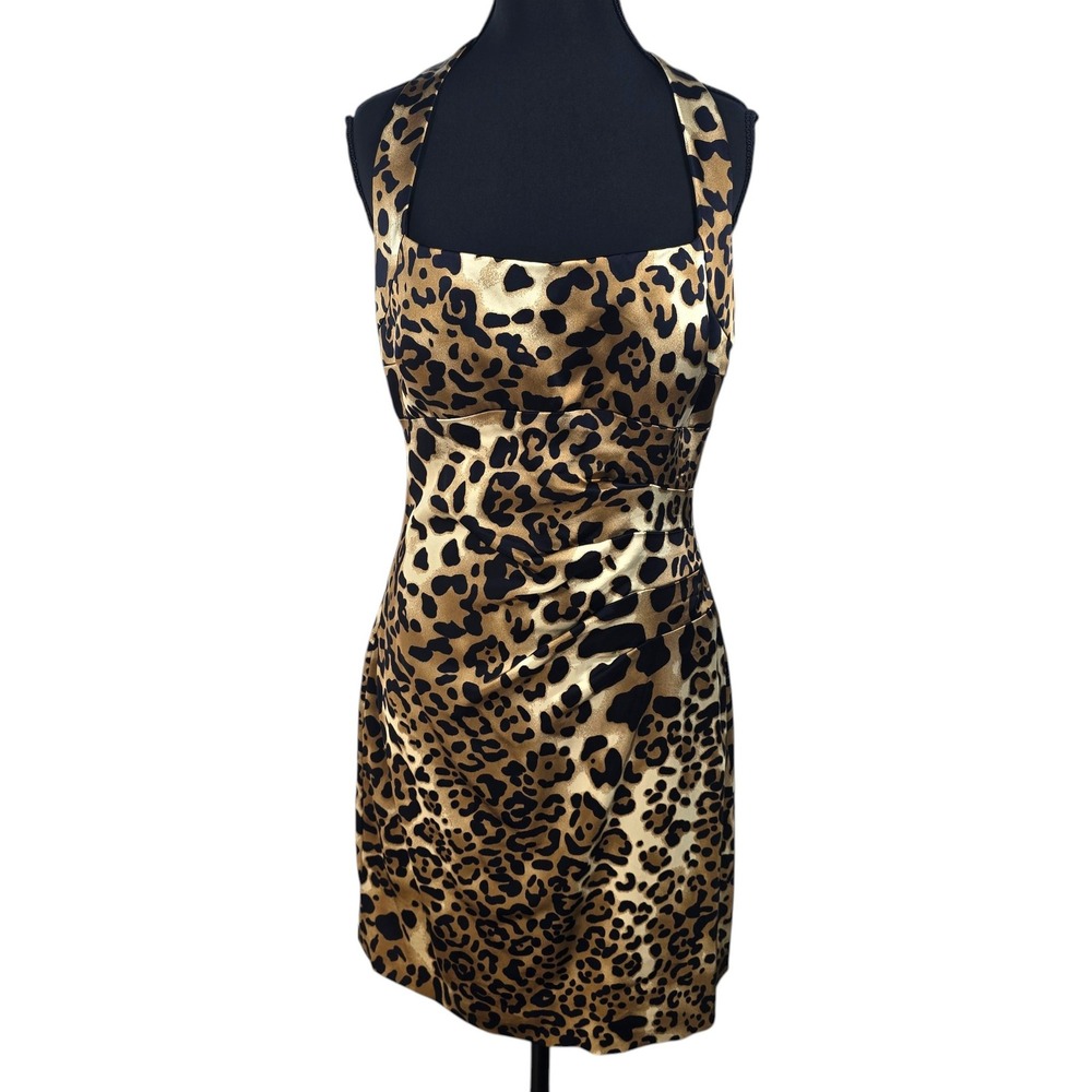 Cache Women Leopard Print Halter Neck‎ Ruched Satin Cocktail Mini Dress Size 6
